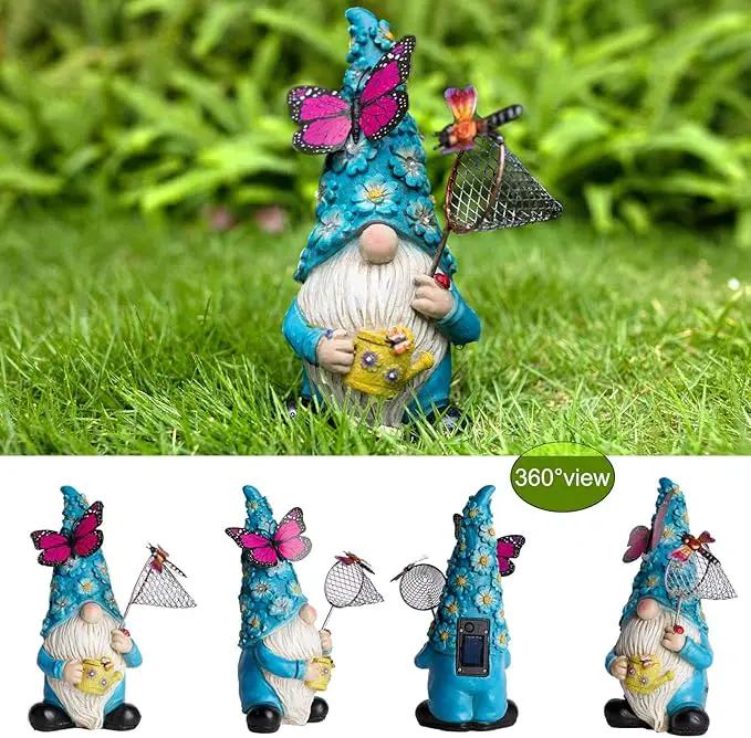 Garden Gnome Statues Outdoor Decor Solar Gnomes with Butterfly on LED Lighted Flowers, Resin Blue Gnomes Sculpture for Patio Yard Lawn Onament Decoration by GreenHaven Gardens
