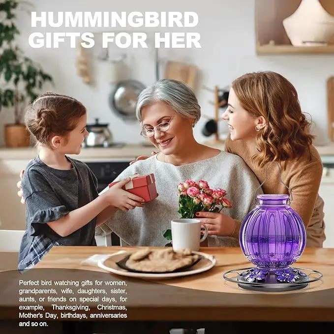 Glass Hummingbird Feeder for Outdoors Hanging, Bird Nectar Feeder with Perch & 5 Flower Feeding Ports, 26 Oz Leak Proof for Outside Garden Decor Backyard, Gifts for Women Mom, Purple by GreenHaven Gardens