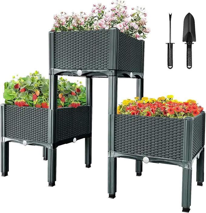 MAYOLIAH Raised Garden Bed with Drainage Elevated Planter Box Plastic Raised Beds for Gardening Vegetables Herb Flowers, Perfect for Indoor Outdoor Planting, 3 Boxes Grey by GreenHaven Gardens