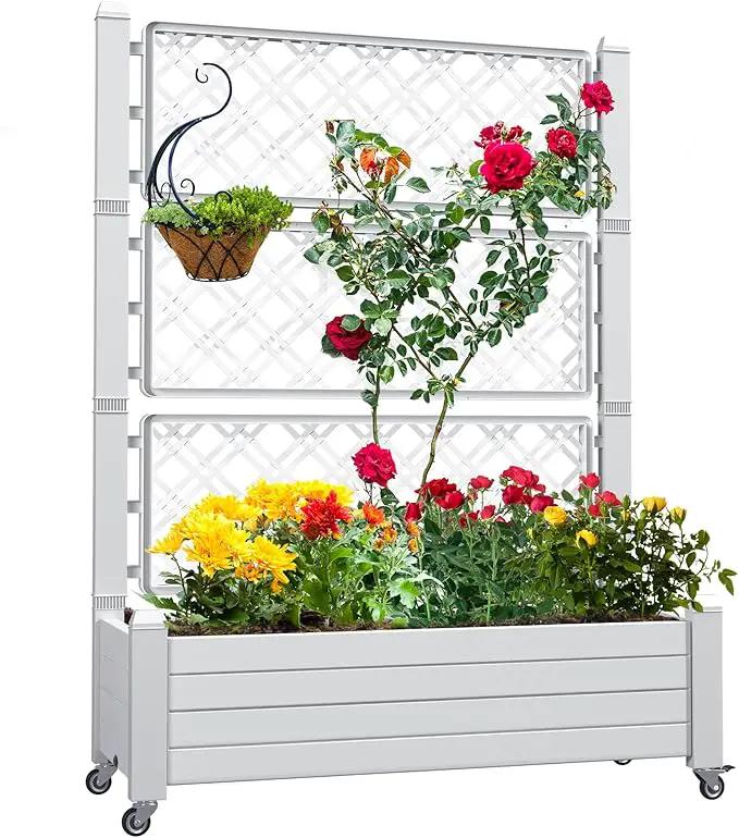 YITAHOME 43.3x17.7x61 in Planter Trellis Box with Wheels & Drain Plug, Outdoor Resin Raised Garden Bed for Climbing Plants, Large Weather-Resistant Design, Grayish-White by GreenHaven Gardens