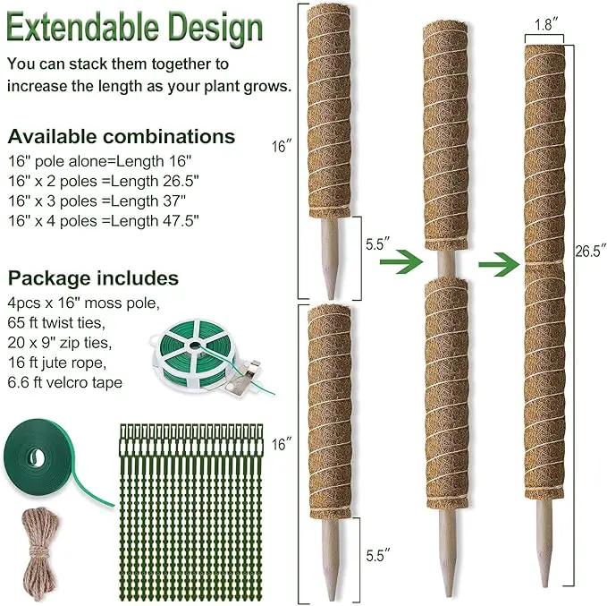 Moss Pole 47.5 Inch - Monstera Plant Support, 4 Packs 16 Inch Plant Stakes for Indoor Plants Coco Coir Moss Pole Sticks for Climbing Potted Live Plants, Pothos, Philodendron, with Garden Ties by GreenHaven Gardens