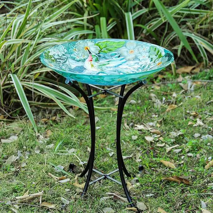 VCUTEKA 18" Outdoor Glass Birdbath with Sturdy Metal Stand for Lawn, Yard, or Garden Decor Bird Lovers Gift, Hummingbird Bird Bath Detachable, 22" Height by GreenHaven Gardens