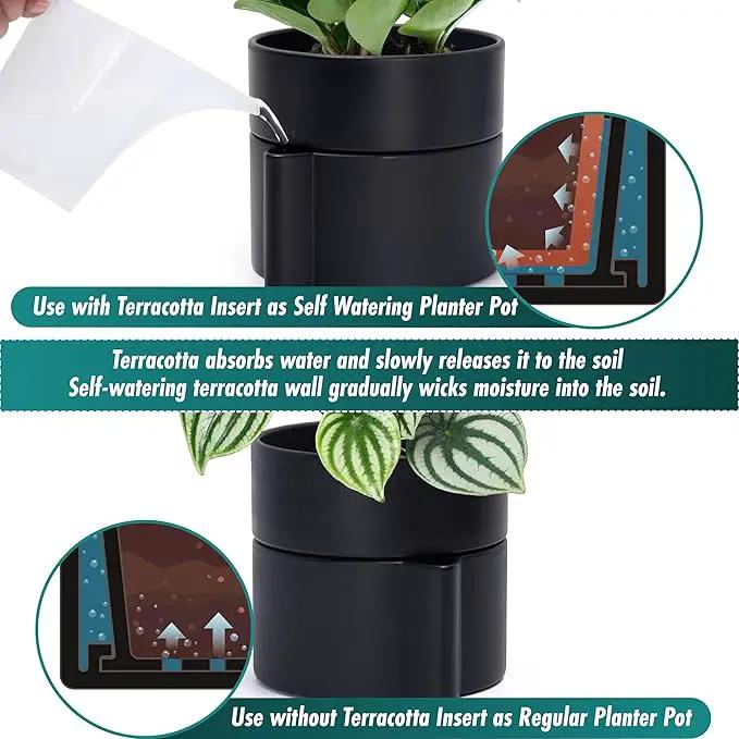 Phoenix Vine 6.5 Inch Self-Watering Planter Pot with Terracotta Insert, Deep Water Reservoir, and Ceramic-Alike BPA-Free Plastic Planter Pot for Plant, Modern Planter for Houseplants, Black, 53-A-S-2 by GreenHaven Gardens
