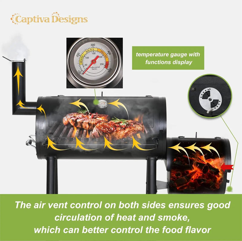 Captiva Designs Charcoal Grill with Offset Smoker, All Metal Steel Made Outdoor Smoker, 512 sq.in Cooking Area, Best Combo for Outdoor Garden Patio and Backyard Cooking by GreenHaven Gardens