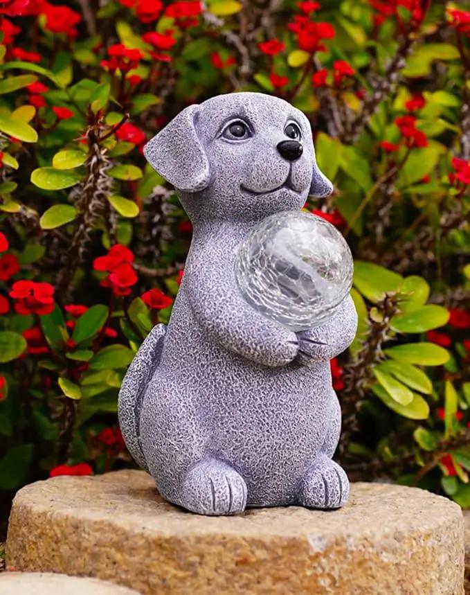 Solar Dog Garden Statues - 8.4 "Dog Decor with Gazing Ball Solar LED Lights, Unique Gifts for Mom Grandma Birthdays, Outdoor Decor for Outside Lawn Porch Patio (Gray) by GreenHaven Gardens