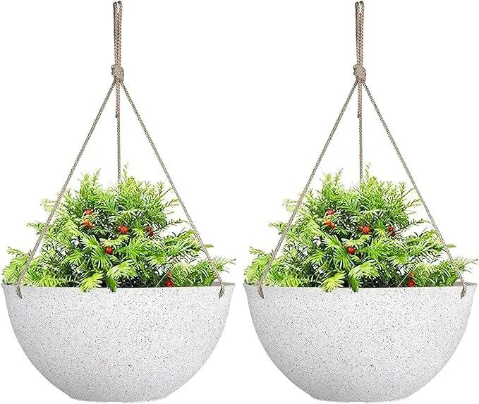 LA JOLIE MUSE Large Hanging Planters for Outdoor Plants - 13 Inch Hanging Flower Pots Set of 2, Speckled White by GreenHaven Gardens