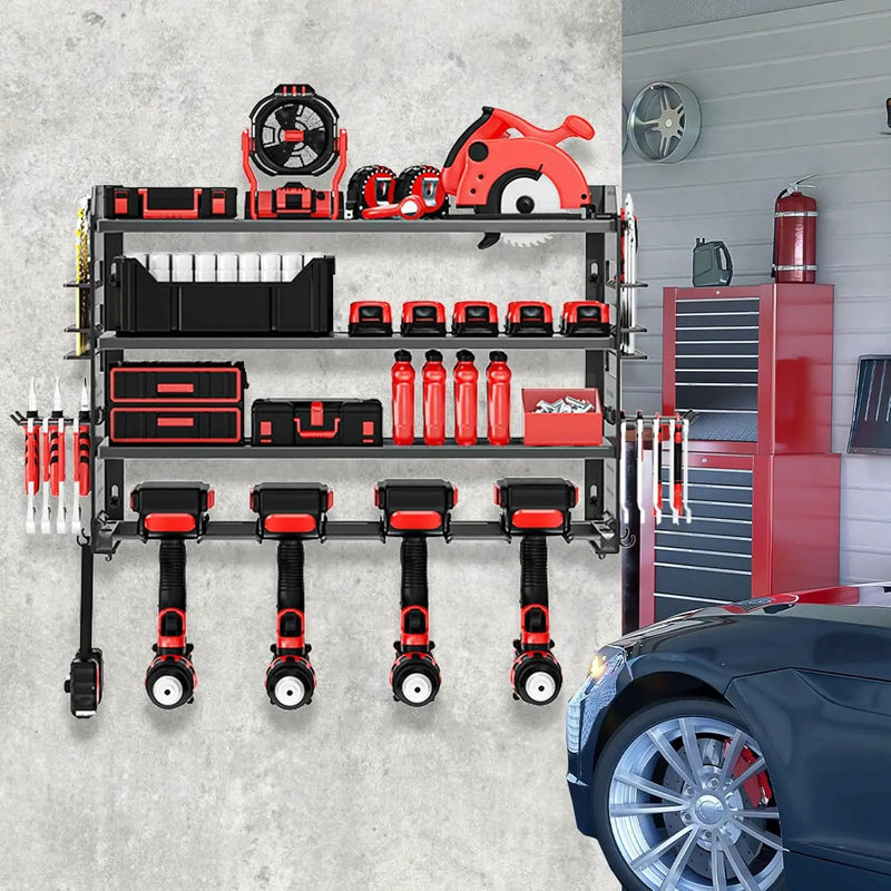 Power Tool Organizer Wall Mount, Metal Power Tool Storage Rack with Screwdriver Holder, Garage Tool Storage Shelves with Screwdriver Holder Plier Holder (Black, 4 Drills Holder) by GreenHaven Gardens