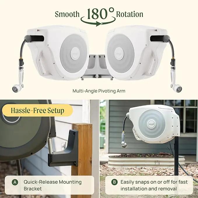 Vego Garden Hose Reel Retractable Hi-Flow x 100ft Wall Mounted Hose Reel Automatic Rewind, Any Length Lock with 9 Patterns Sprayer Nozzle, Quick Connector and Adjustable shot Nozzle-Seaweed Green by GreenHaven Gardens