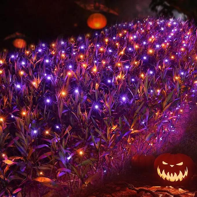 Joomer 12ft x 5ft 360LED Orange Purple Halloween Net Lights Outdoor Mesh lights, 8 Modes Timer Connectable Waterproof Bush Lights Mesh Netting Lights for Halloween Outdoor Decorations (Green Wire) by GreenHaven Gardens