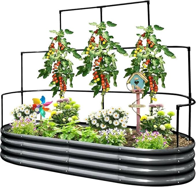 KING BIRD Raised Garden Bed with Wall Trellis Galvanized Planter Garden Box Outdoor for Gardening, Climbing Vegetables, Flowers 5.9x2.95x0.98 Ft, Dark Grey by GreenHaven Gardens