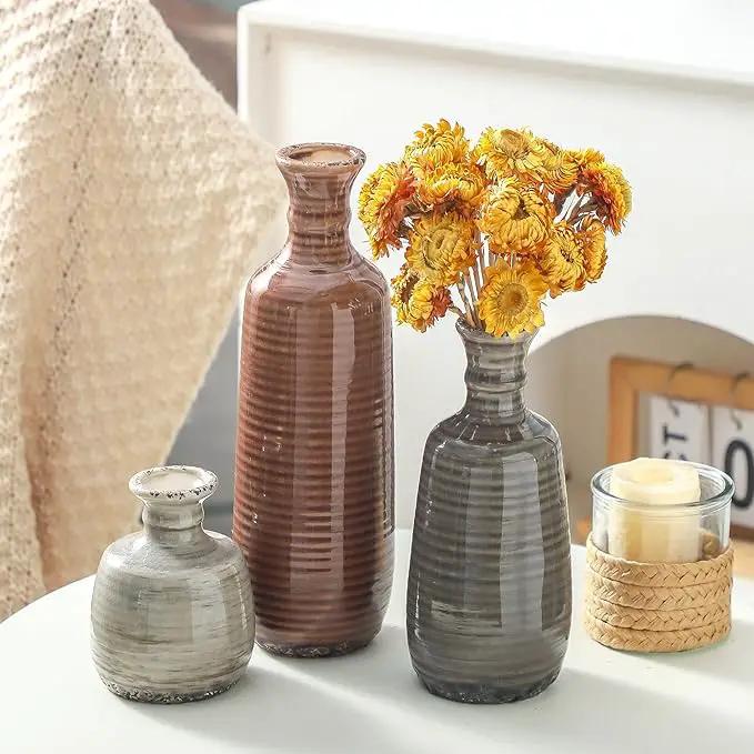 Ceramic Vases Set of 3, Neutral Rustic Farmhouse Vases Home Decor Decorative Flower Vase Modern Boho Pampass Vase for Table Mantel Entryway Shelf Living Room Kitchen Bathroom - Brown by GreenHaven Gardens