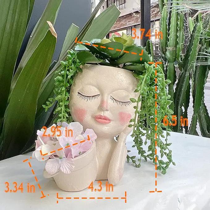 Face Plant Pot - Double Flower Pots for Indoor Outdoor Plants Resin Head Planter with Drainage Hole Cute Lady Face Plant Pots, Garden Decoration Planters, Medium by GreenHaven Gardens