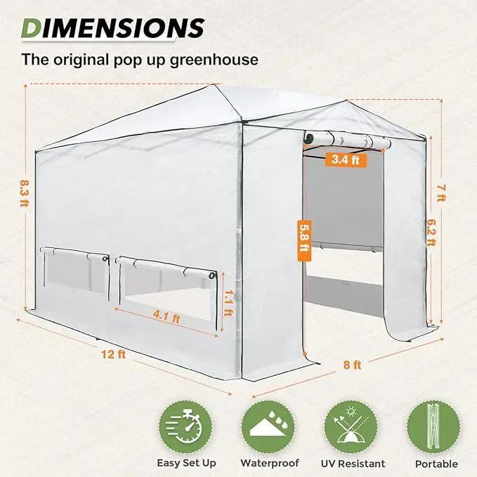 EAGLE PEAK 12x8 Portable Walk-in Greenhouse, Pop-up Indoor Outdoor Garden Green House, Zippered Doors and Windows, Heavy Duty Woven PE Cover, White by GreenHaven Gardens