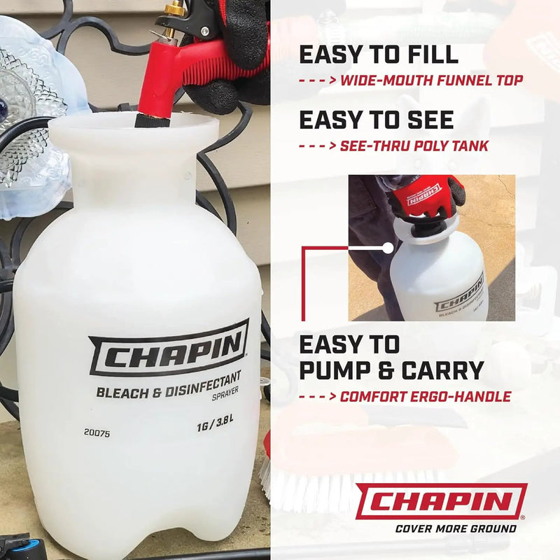 Chapin 20074: Made in The USA Disinfectant Bleach Sprayer, 1-Gallon, Adjustable Cone Nozzle, Compatible with Bleach Solutions and Fungicides, Bonus Spray Shield, Translucent White by GreenHaven Gardens
