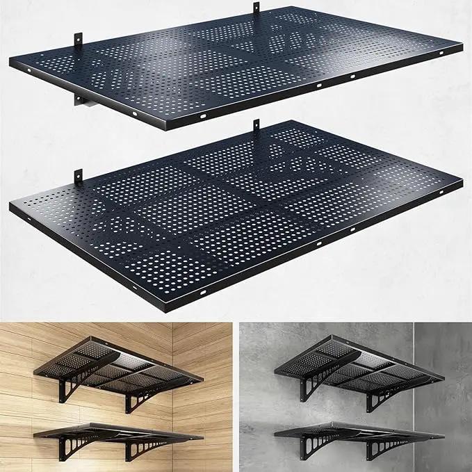 2-Pack 2x3ft Heavy Duty Garage Wall Shelving, 500 lbs Load Capacity, Garage Shelving Wall Mounted, Garage Storage Rack with Hooks, Black by GreenHaven Gardens