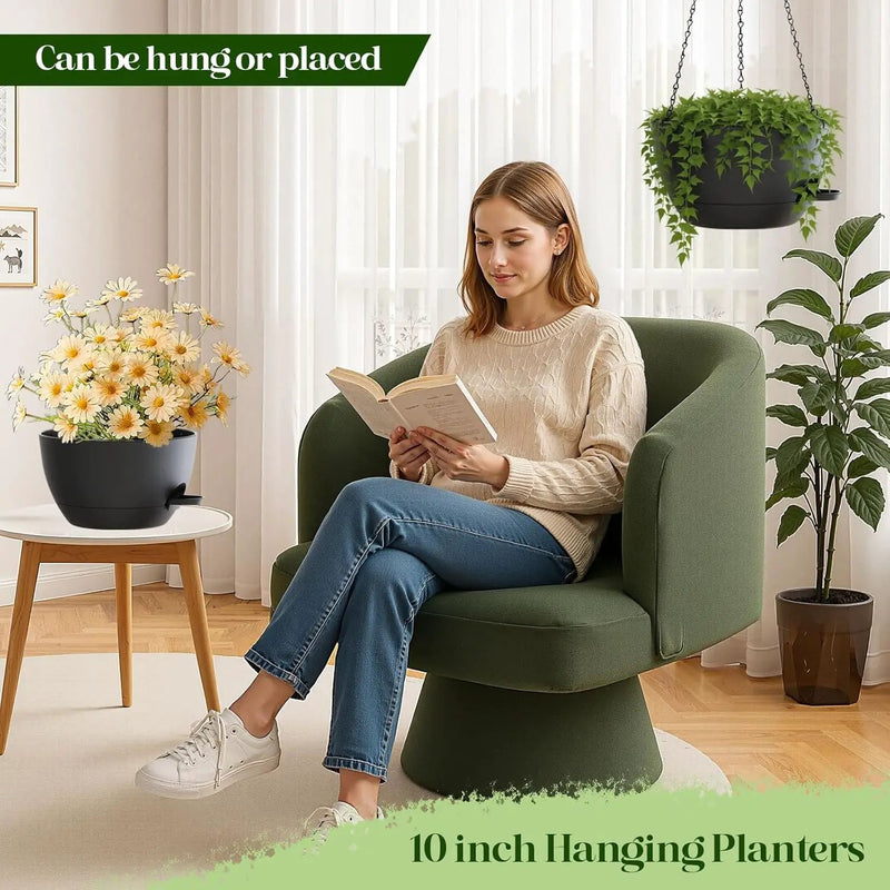 10 Inch Hanging Planters with Chains 2 Pack Self Watering Black Plastic Hanging Pots for Indoor Outdoor Plants, Garden Porch Home Decor (Black) by GreenHaven Gardens