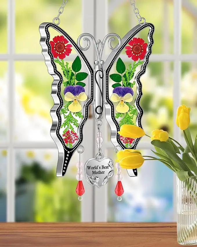 KY&BOSAM Butterfly Suncatcher World`s Best Mother Gifts Stain Glass Suncatchers for Windows Hanging Wind Chimes Home Ornament Gifts for Mom Mother`s Day Valentine's Birthday Christmas Thanksgiving by GreenHaven Gardens