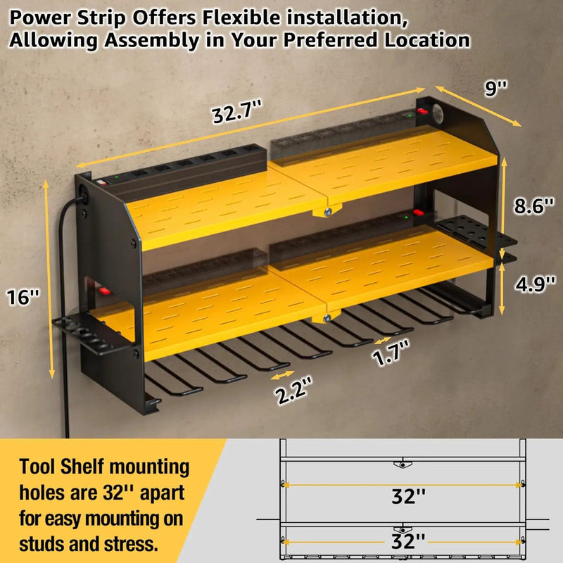 YYR Power Tool Organizer with Charging Station Wall Mount, Cordless Drill and Battery Holder for Garage Organization, Electric Tools Storage Rack Build in Surge Protection Power Strip - Yellow Shelf by GreenHaven Gardens