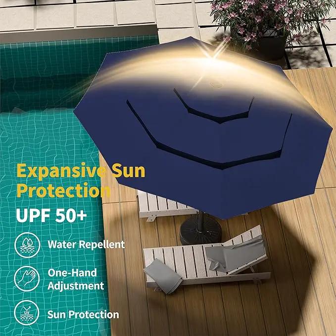 Kingdura 9ft 3-Tier Patio Umbrella with Solar Lights, Table Umbrella Outdoor Patio with Easy Crank & Tilt, 8 Sturdy Ribs, UV Protection, 32 LED Lights for Deck, Poolside, Market (Navy blue) by GreenHaven Gardens