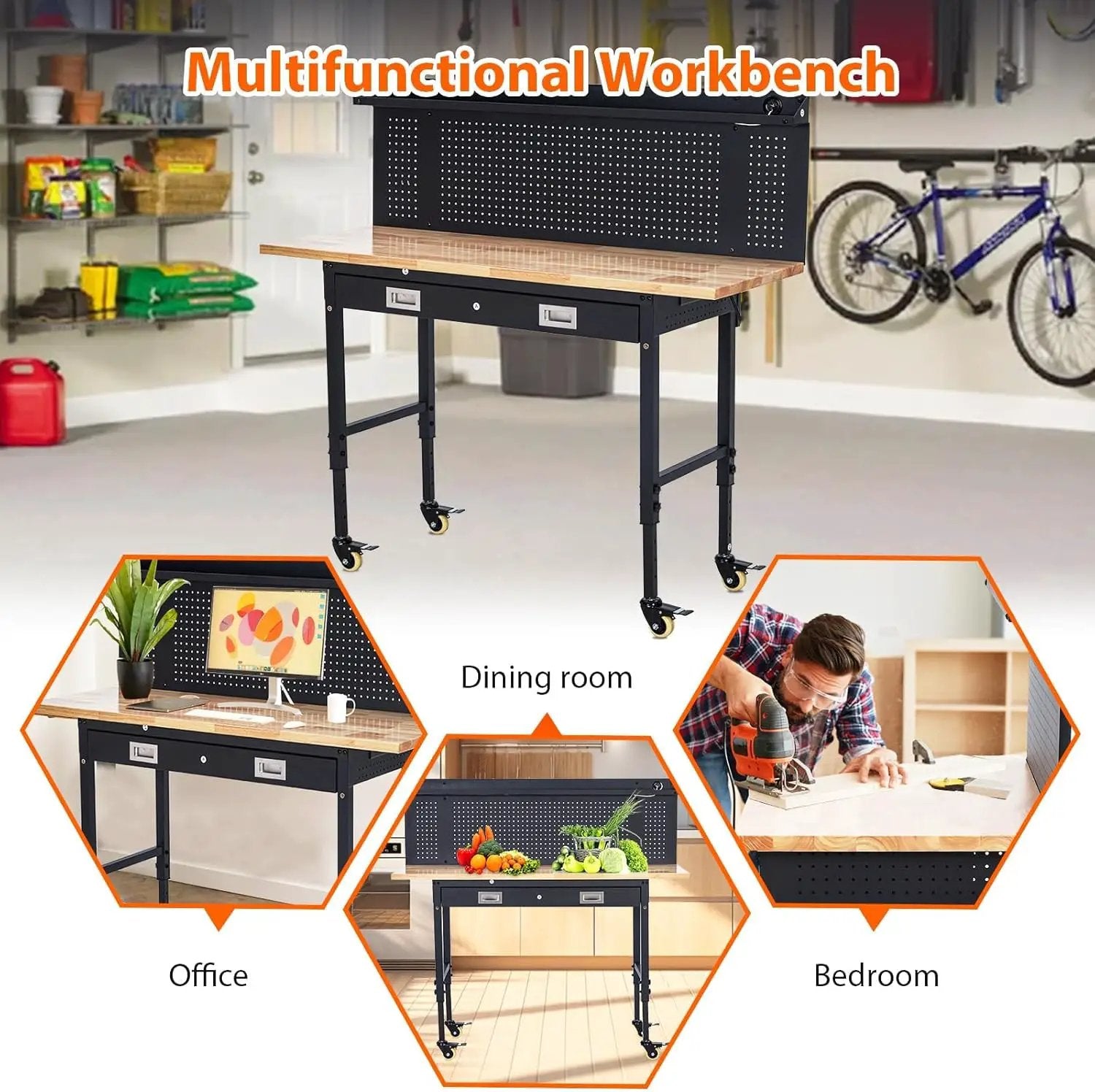 60'' Adjustable Workbench, Heavy Duty Workbench with Drawer and Backplate, 2000 LBS Capacity Work Table with Power Outlet and Lockable Wheels, Suitable for Office, Garage, Workshop by GreenHaven Gardens