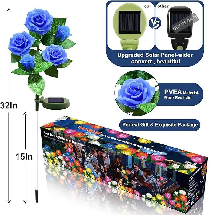 Solar Flower Lights Outdoor - Upgraded New Material Two Modes Realistic LED Solar Powered Waterproof Lights with 20 Roses, Solar Decorative Stake Lights for Garden (Blue, 4 Pack) by GreenHaven Gardens