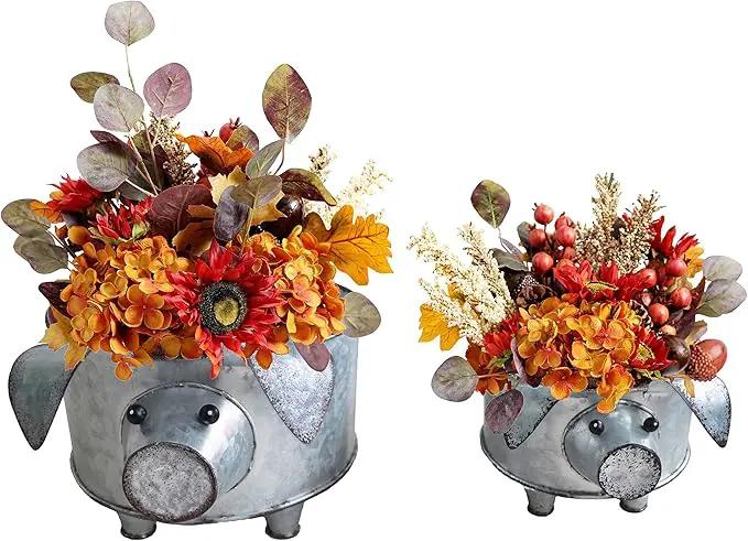 Galvanized Metal Pig Succulent Planter Farmhouse Pig Shaped Bowl Metal Pig Tray Rustic Decor Set of 2 by GreenHaven Gardens