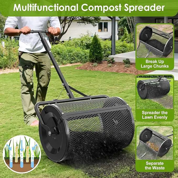 Seeutek Compost Spreader, 24" Peat Moss Spreader with 3 Heights, Top Soil Spreader W/Upgraded Side Latches Support Rod Powder Coated Metal Mesh Top Dressing Spreader for Lawn, 2 Way Uses-Push or Tow by GreenHaven Gardens