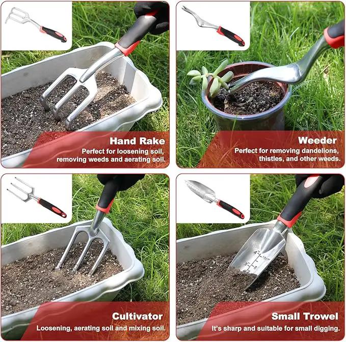 Garden Tool Set with Non Slip Rubber Grip,8 Piece Stainless Steel Gardening Tool Sets,Heavy Duty Outdoor Hand Tools Durable Storage Tote Bag,Uprooting Weeding Tool, Gifts for Women Men(Red) by GreenHaven Gardens