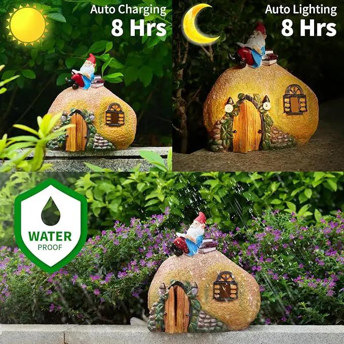 mopha Garden House Statues, Funny Gnome Fairy Garden Lights Figurine,Resin Solar Powered Outdoor Decor Patio Yard Lawn Ornament Decoration by GreenHaven Gardens