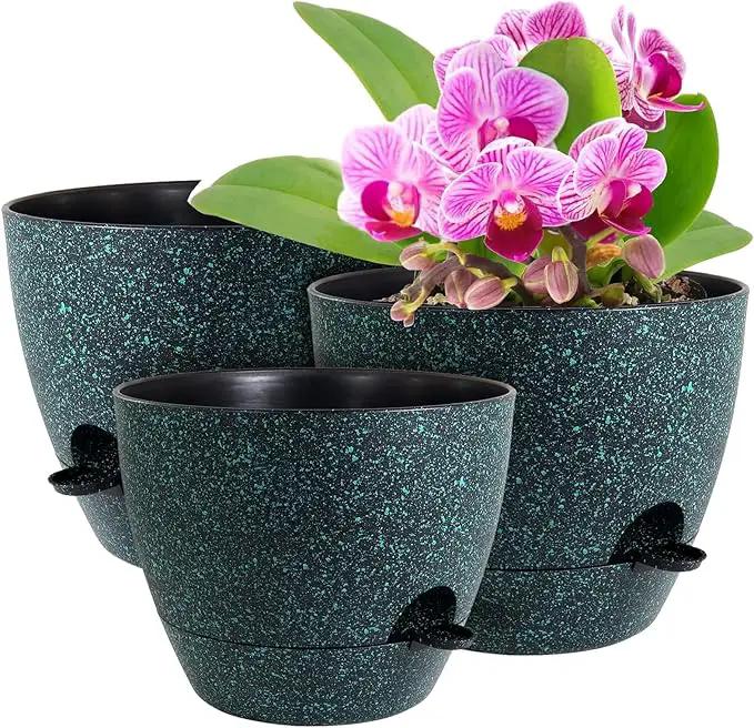 12/10/9 inch Large Self Watering Pots, Planter, Plant Pots with Mesh Drainage Holes for Indoor Outdoor Garden Plants, Plastic Flower Pots with Deep Reservoir, Black with Green Speckles by GreenHaven Gardens