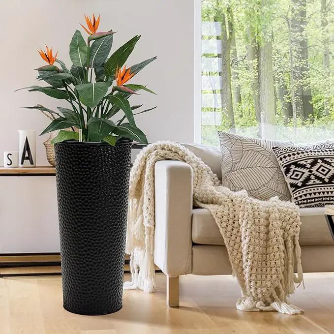 KOL 28" H. Tall Metal Cone Planters with Inside Pots 2-Pack, Black Hand-Hammered Large Decor Planter for Deck, Patio, Porch - Handcrafted Flower Pot - with Water Level Indicator - Indoor Outdoor Use by GreenHaven Gardens