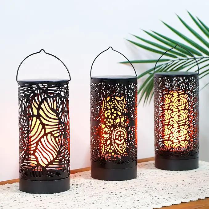 TRIROCKS Set of 3 LED Cordless Metal Lantern with Timer 7" H Moving Flame Lamp Battery Operated Breathing Lamp Floral Hollow LED Hanging Lighting for Indoor/Outdoor Patio Garden Party Gift by GreenHaven Gardens