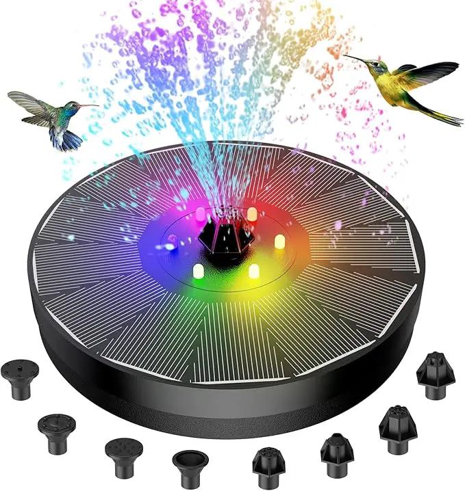 Solar Fountain, Powered Water 4W Pump for Bird Bath with LED Lights, 7 Nozzle and Fixer Hummingbird Garden, Pond, Pool, Fish Tank, , Black by GreenHaven Gardens