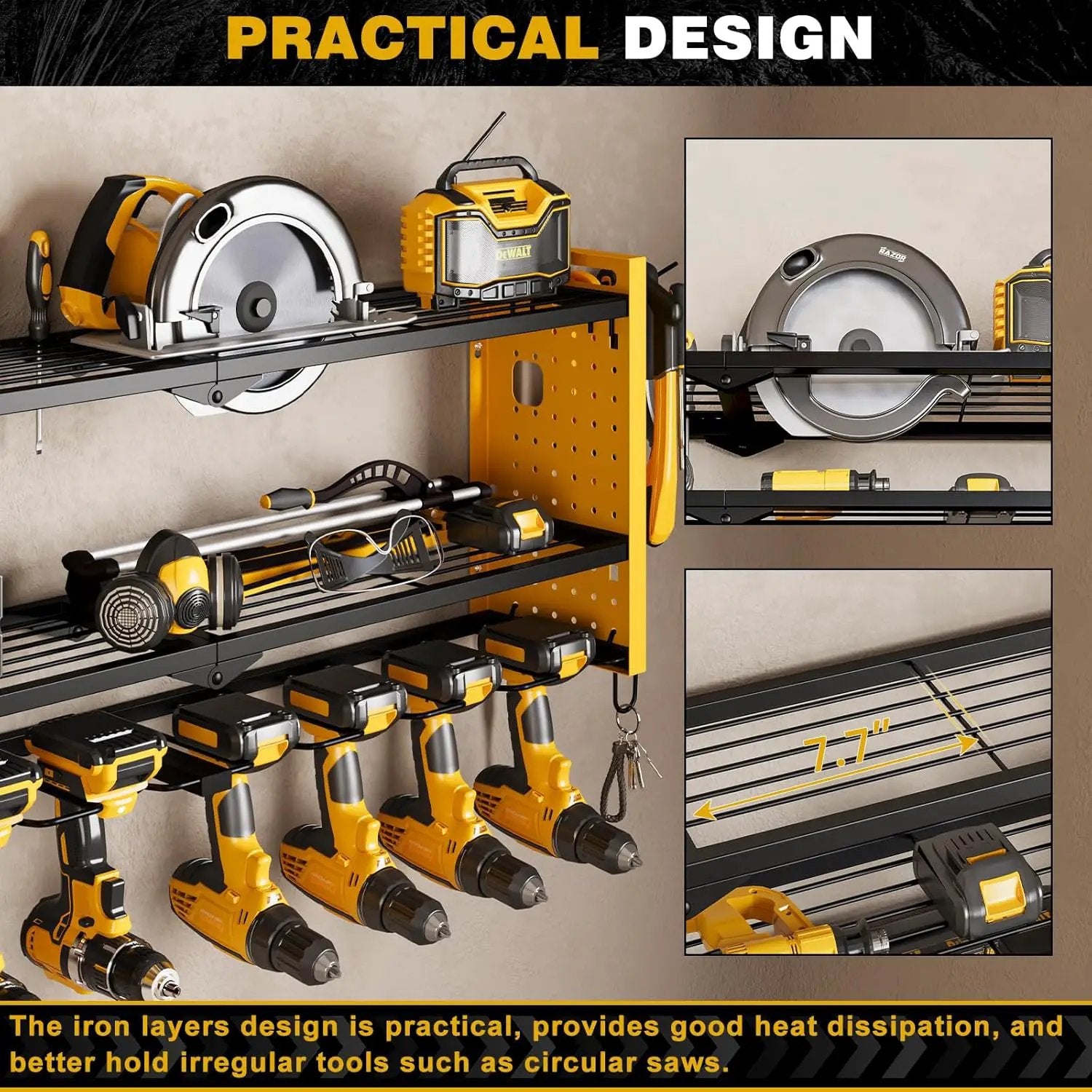 Power Tool Organizer Wall Mount,Cordless Drill Hanger Storage Rack 8 Drill Holder,3 Layers Heavy Duty Power Tool Storage Rack(Yellow) by GreenHaven Gardens