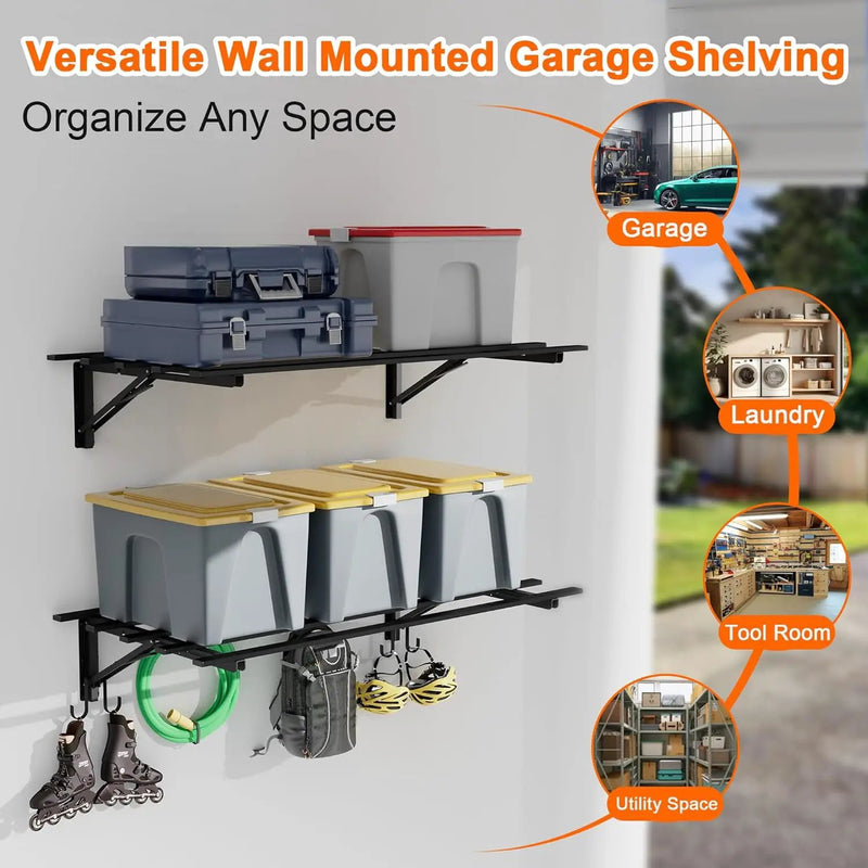 2-Pack Garage Storage System Shelves 3.21x1.64 ft - Industrial Hanging Shelf Wall Mount Kit with Hooks, Folding Garage Wall Shelves, Durable Metal Floating Shelf, Black Shelves Wall Mounted Setup by GreenHaven Gardens