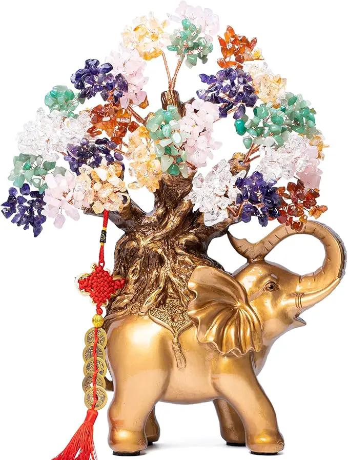 7 Chakra Crystal Money Tree on Gold Elephant Statue, 17”Large Gemstone Bonsai Tree of Life Home Décor Gifts for Wealth Positive Energy, Feng Shui Décor by GreenHaven Gardens