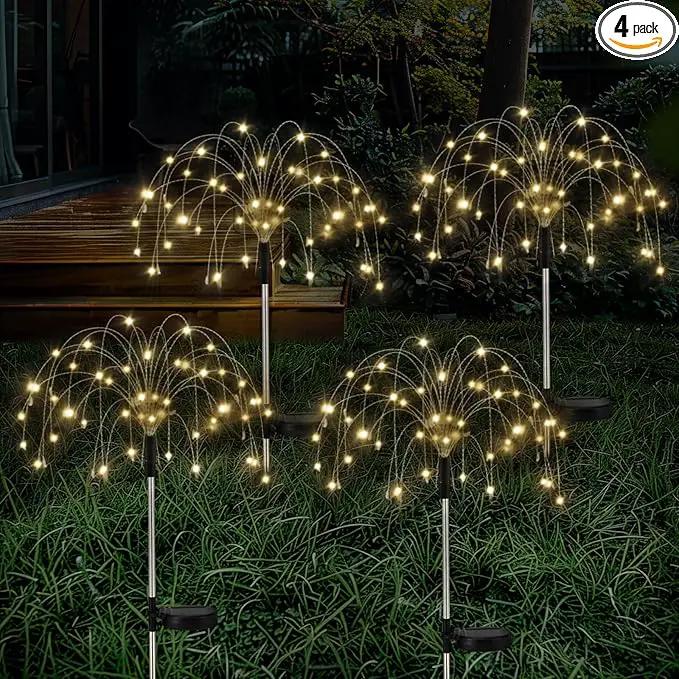 Firework Solar Garden Lights 4 Pack, 120 LED Solar Firework Lights with 8 Lighting Modes, Waterproof Sparkler Starburst Solar Lights Outdoor for Yard Porch Patio Backyard, Warm by GreenHaven Gardens