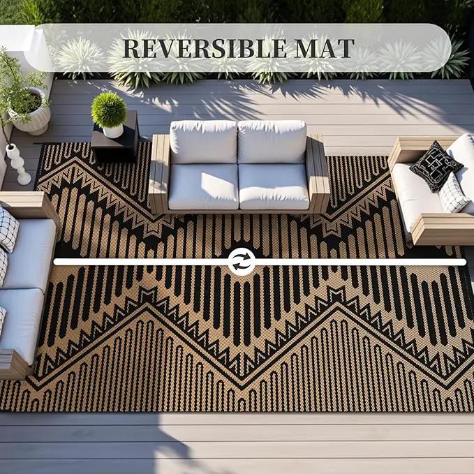 MontVoo Outdoor Rug-Waterproof Patio Rug Mat 5x8 Outdoor Carpet Mat Reversible Plastic Straw Outside Outdoor Rug for RV Camping Picnic Balcony Backyard Pool Deck Porch Modern Boho Black Brown by GreenHaven Gardens