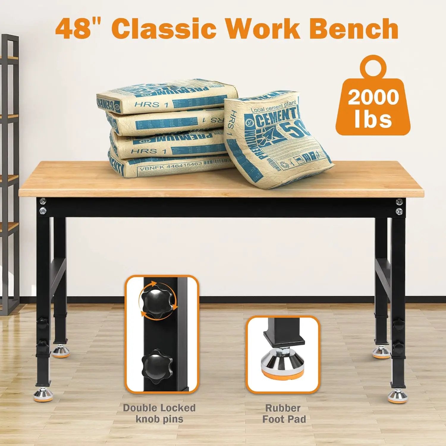 48" Heavy-Duty Adjustable Workbench for Garage, Rubber Wood Shop Table W/Rubber Pads, Hardwood Workstation Weight Capacity Over 2000 Lbs by GreenHaven Gardens