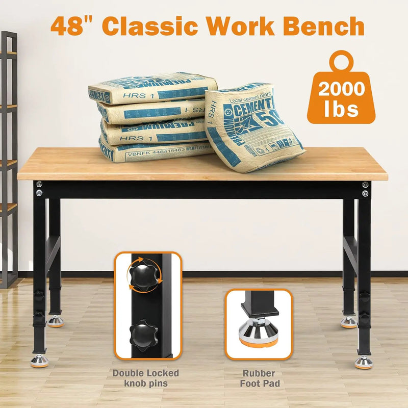 48" Heavy-Duty Adjustable Workbench for Garage, Rubber Wood Shop Table W/Rubber Pads, Hardwood Workstation Weight Capacity Over 2000 Lbs by GreenHaven Gardens