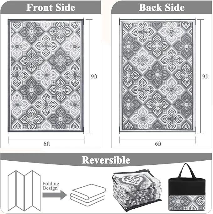 Pauwer Reversible Outdoor Rug, 6'x9', Waterproof, Polypropylene, Clover Grey, Area Rug for Patio, RV, Camping, Picnic, Backyard, Deck, Balcony, Porch by GreenHaven Gardens