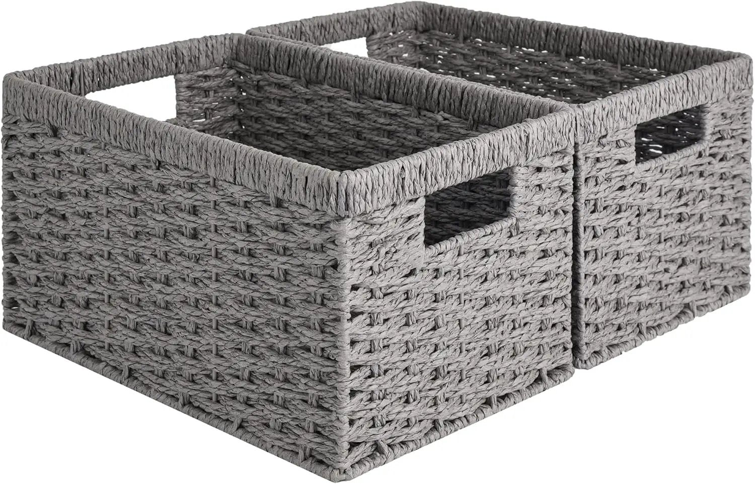 StorageWorks Round Paper Rope Storage Baskets, Rectangular Wicker Baskets with Built-in Handles, Gray, 2-Pack by GreenHaven Gardens