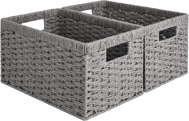StorageWorks Round Paper Rope Storage Baskets, Rectangular Wicker Baskets with Built-in Handles, Gray, 2-Pack by GreenHaven Gardens