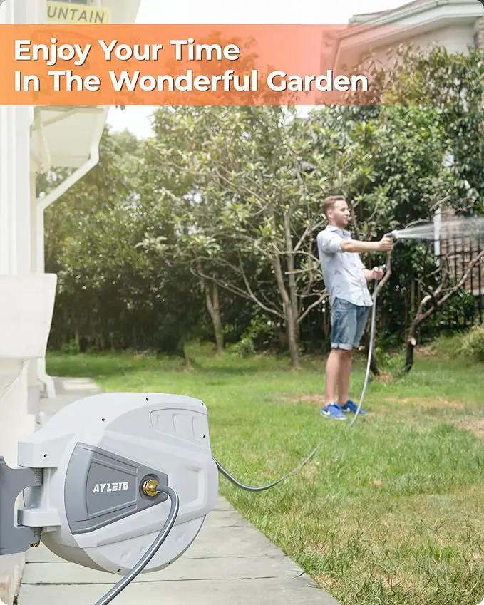 Ayleid Retractable Garden Hose Reel,1/2 in x 130 ft Wall Mounted Hose Reel, with 9- Function Sprayer Nozzle, Any Length Lock/Slow Return System/Wall Mounted/180°Swivel Bracket (Grey) by GreenHaven Gardens