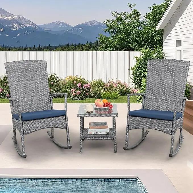 Rocking Chair Outdoor 3 Pieces High-Backed Patio Rocking Chairs Bistro Table and Chairs Set of 2, Navy Blue by GreenHaven Gardens