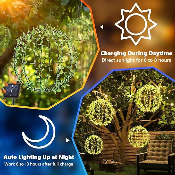 Solar Powered Hanging Iron Sphere Lights with Artificial Greenery – 12Inch 120 LED Waterproof Outdoor Decor Ball Light with Timer & 8 Modes – 2 Pack for Garden, Christmas, Weddings (Warm White) by GreenHaven Gardens