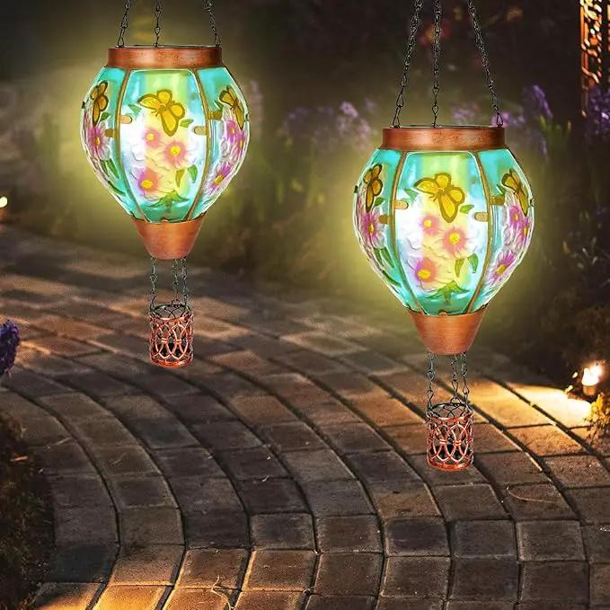 Solar Hot Air Balloon Lantern with Flame， Butterfly Glass Outdoor Solar Lanterns for Outside Hanging Farmhouse Patio Pathway Decor, Butterfly Gifts for Women Grandma Mom by GreenHaven Gardens