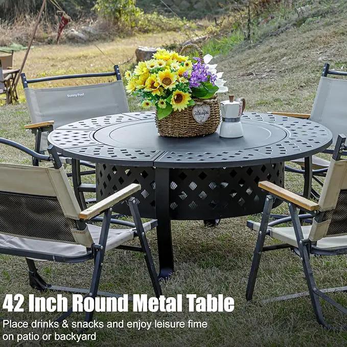 42 Inch Fire Pit with 2 BBQ Grills, Wood Burning Fire Pits for Outside with Lid & Fire Poker, BBQ& Outdoor Firepit & Round Metal Table 3 in 1 for Patio, Picnic, Party by GreenHaven Gardens