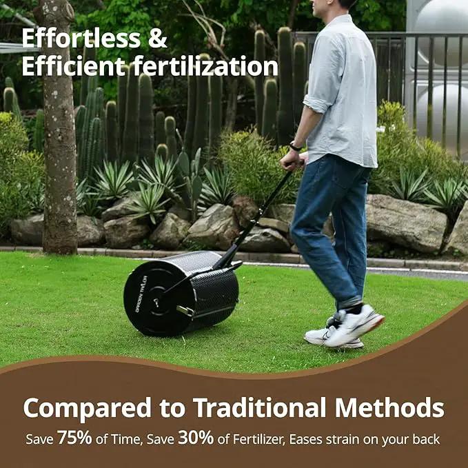 Compost Spreader 24 Inch Peat Moss Spreader with Installation Support Accessories, Metal Mesh Roller Lawn Spreader for Top Soil, Manure, Mulch, Top Dressing - Garden spreaders for lawns by GreenHaven Gardens
