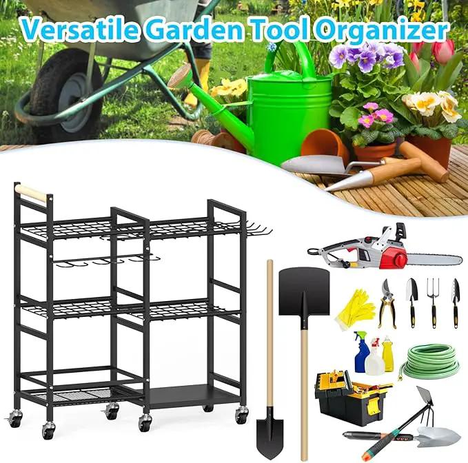 NADAMOO Garden Tool Organizer with Rolling Wheel, 3-tier Metal Shelf Yard Tool Holder, Utility Stand Rack for Garage Organization and Storage, Hold Long-Handled Rakes, Shovel, Broom by GreenHaven Gardens